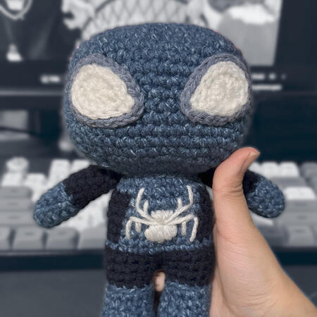 crocheted chibi spiderman with denim colors